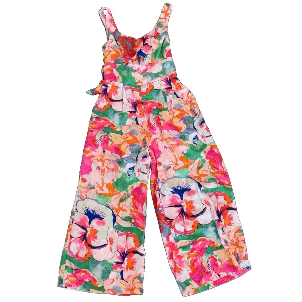 GB Floral V-Neck Sleeveless Wide Leg Jumpsuit Waist Tie Women's XS Multicolor